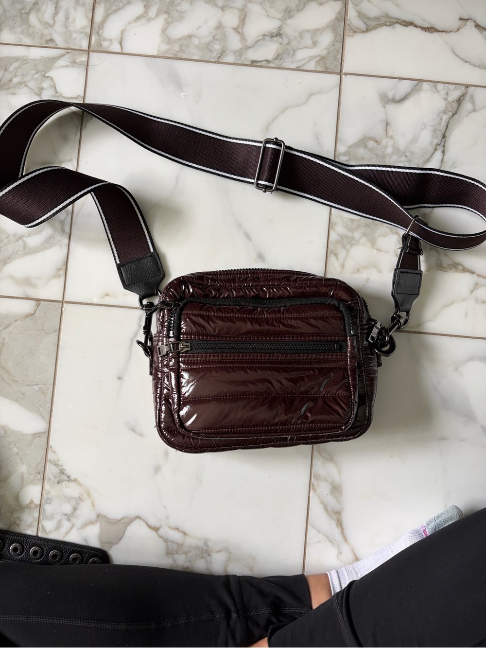 THINK ROYLN Glossy Quilted Crossbody Bag in Dark Brown with Contrast Strap
